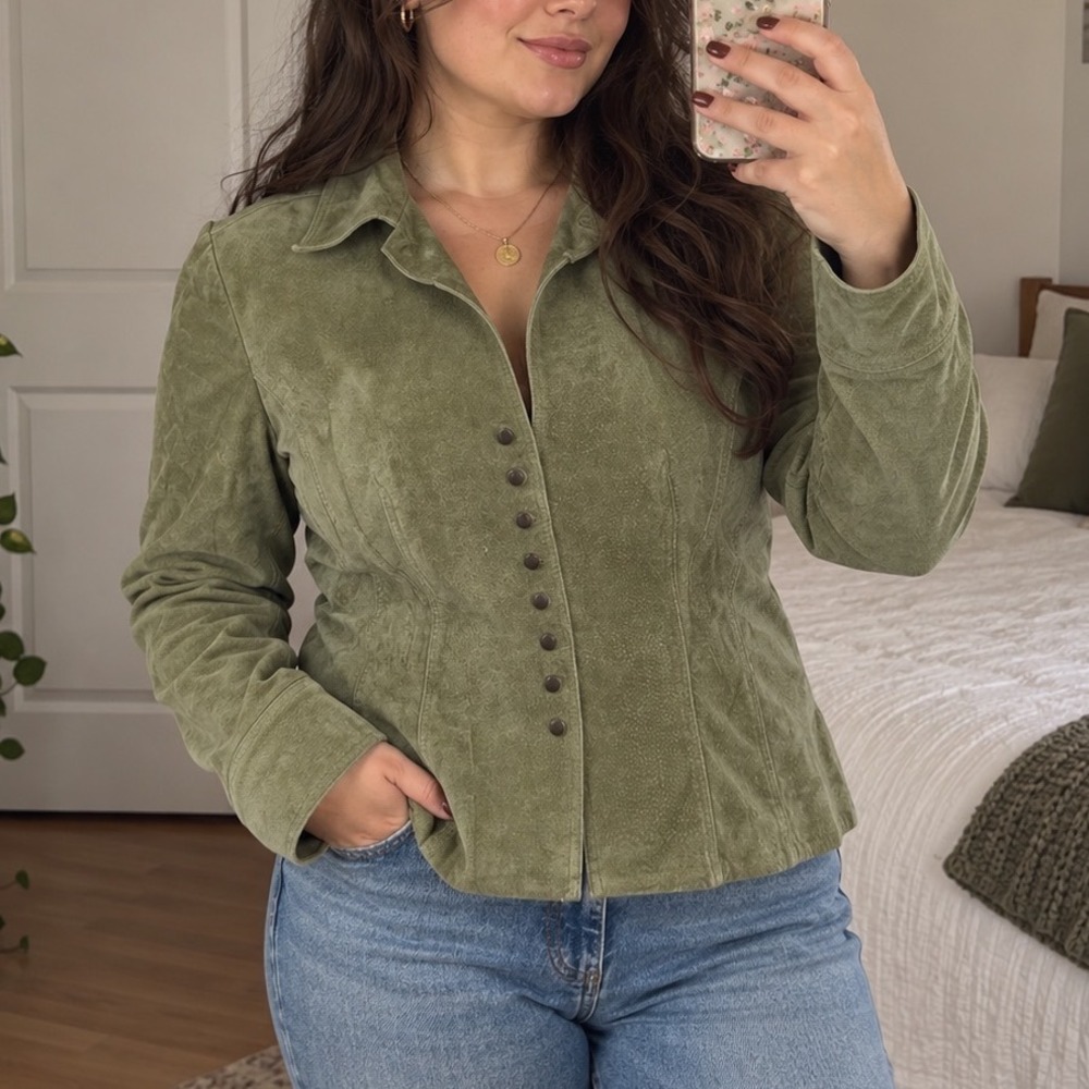 Vintage Olive Green Suede Leather Jacket Button Front Large